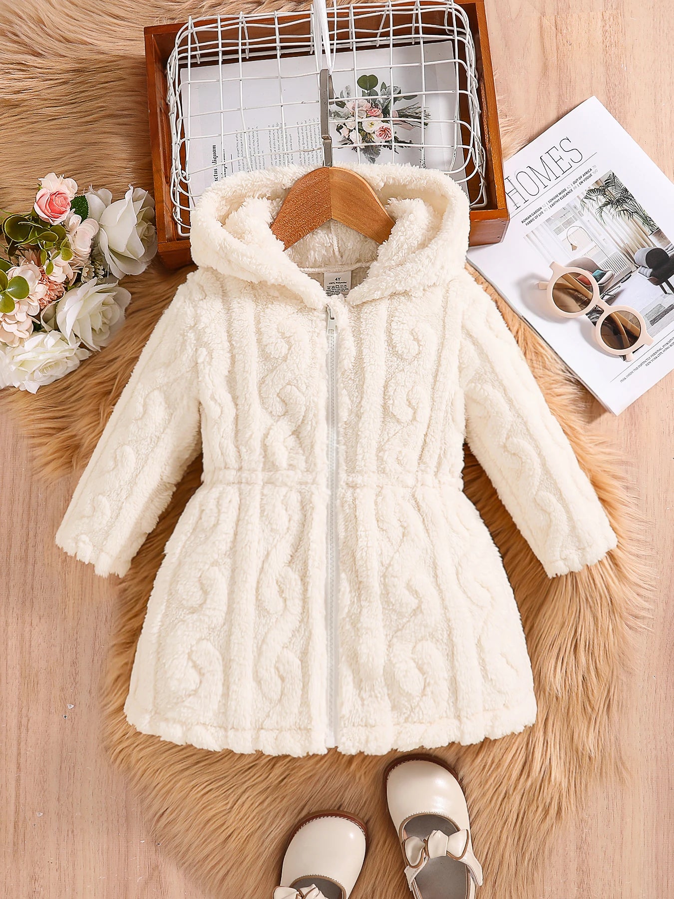Yamza Tots Closet Kids Fall Winter Girls Fleece Striped Hooded Top Coat White One-Piece with zipper and hood
