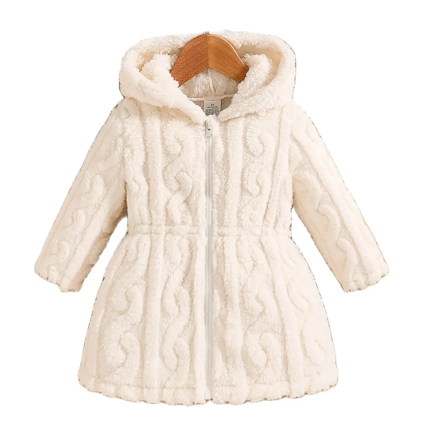 Kids Fall Winter Girls Fleece Striped Hooded Top Coat White One-Piece with zipper and cozy hood