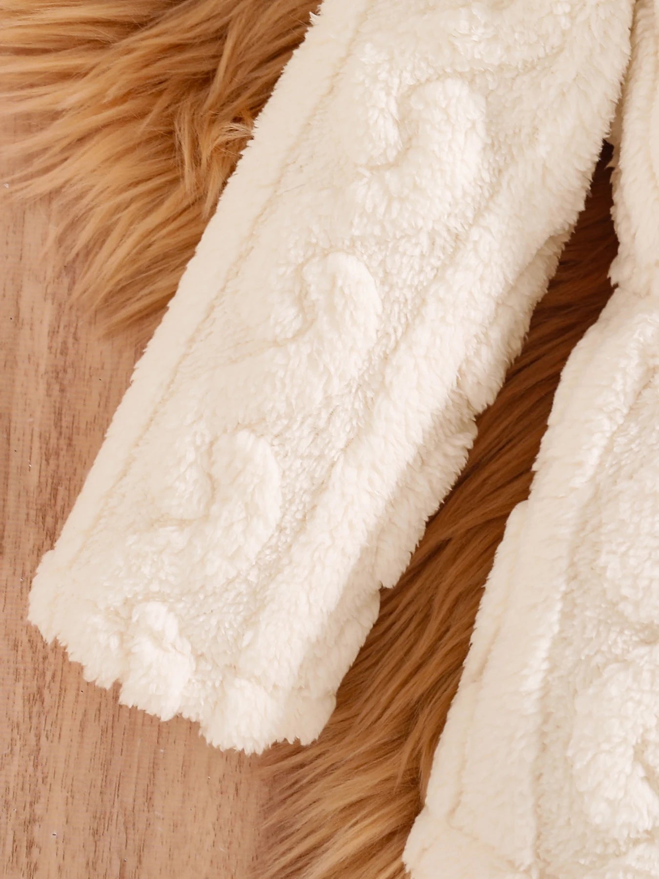 Close-up detail of Kids Fall Winter Girls Fleece Striped Hooded Top Coat White One-Piece showing textured soft plush fabric