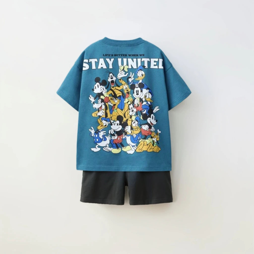Kids Fashion Sets Casual Clothes Printed Tops Solid Color Shorts Two Piece blue printed top with cartoon characters and black shorts