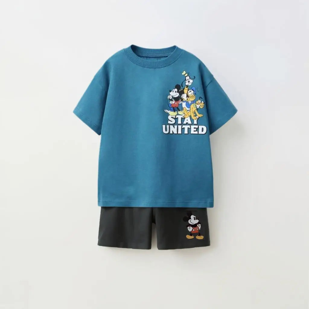 Kids Fashion Sets Casual Clothes Printed Tops Solid Color Shorts Two Piece with Mickey Mouse design