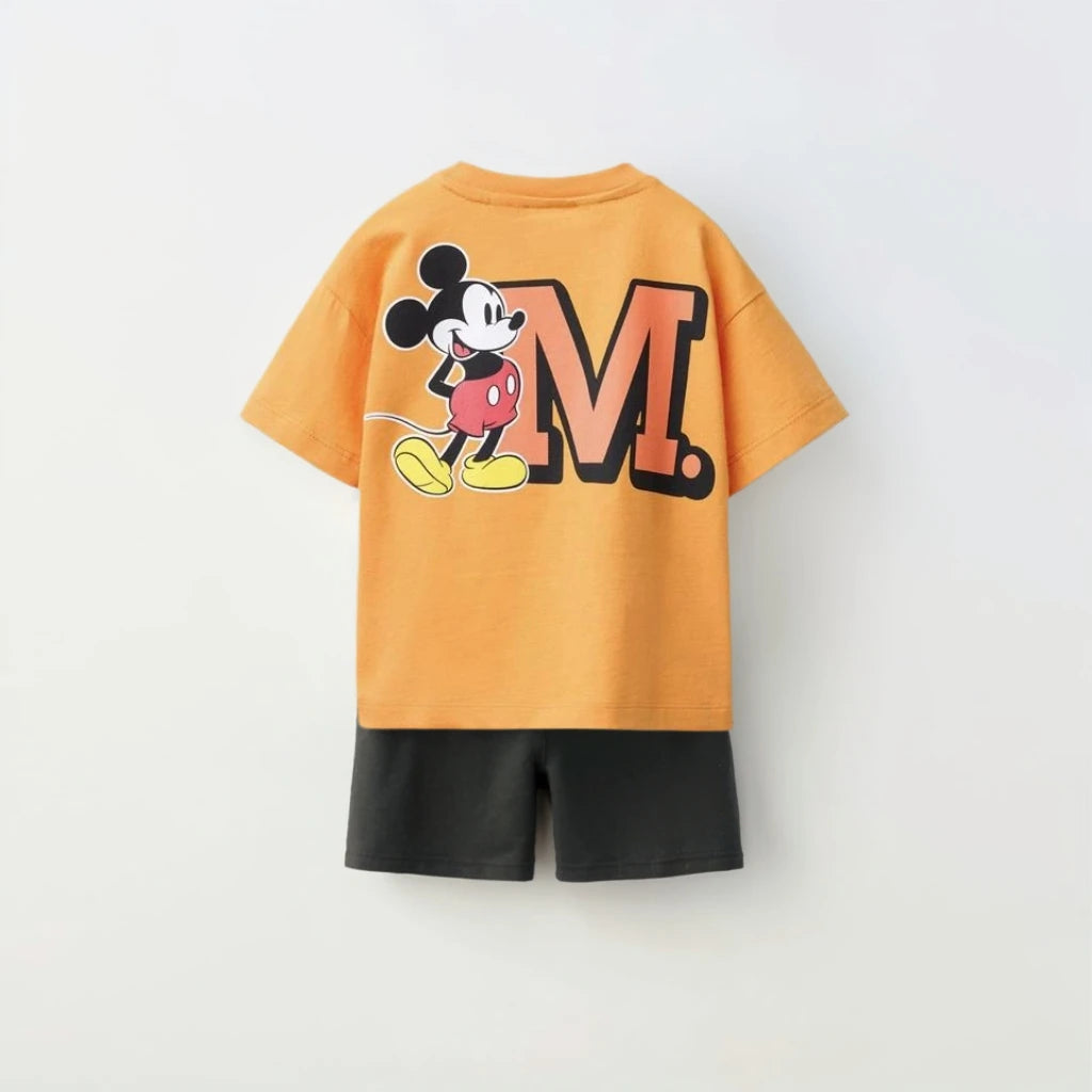 Kids Fashion Sets Casual Clothes Printed Tops Solid Color Shorts Two Piece with Mickey Mouse design 