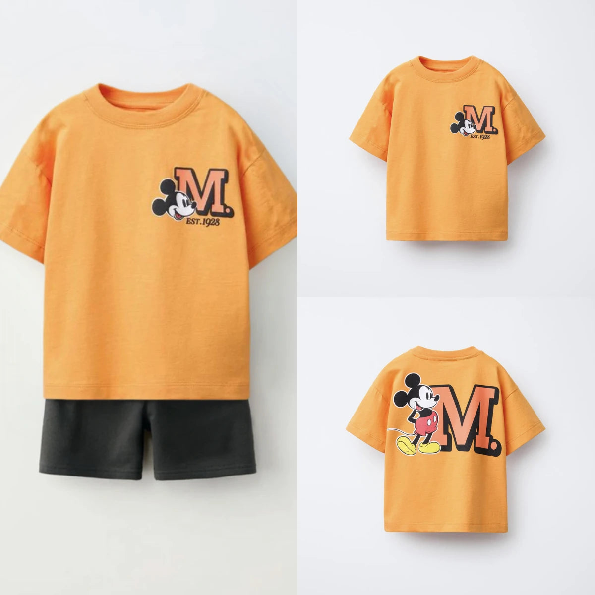 Kids Fashion Sets Casual Clothes Printed Tops Solid Color Shorts Two Piece with orange Mickey Mouse shirt and black shorts