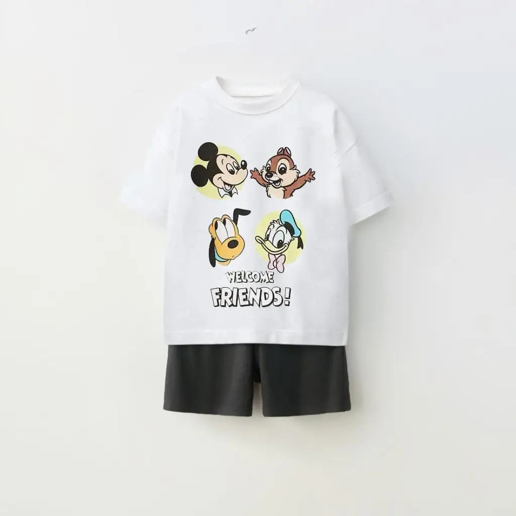 Kids Fashion Sets Casual Clothes Printed Tops Solid Color Shorts Two Piece with cartoon character print on white top and black shorts
