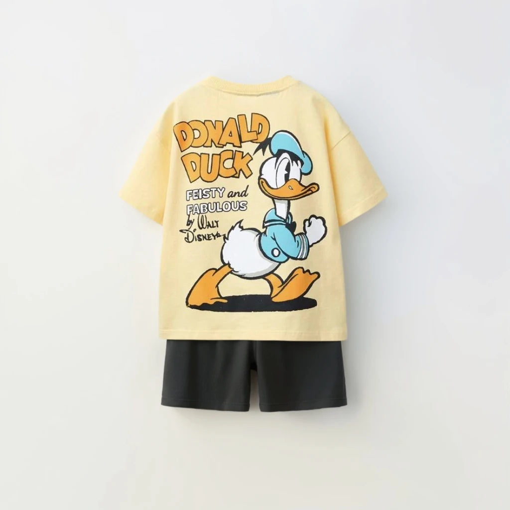 Kids Fashion Sets Casual Clothes Printed Tops Solid Color Shorts Two Piece with Donald Duck graphic tee and black shorts