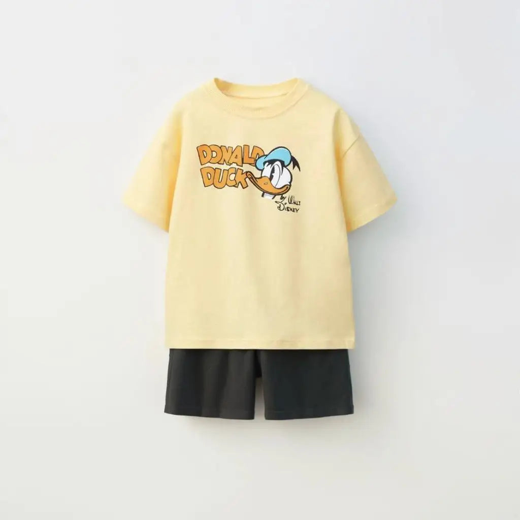 Kids Fashion Sets Casual Clothes Printed Tops Solid Color Shorts Two Piece with yellow Donald Duck top and black shorts