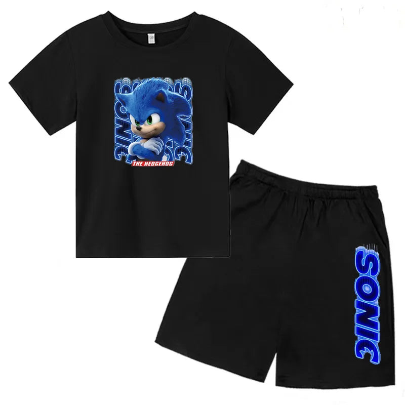 Kids Fashion T-shirt Anime Smart Justice Brave Animal Print Boys Girls 2PC Set black with Sonic the Hedgehog graphic