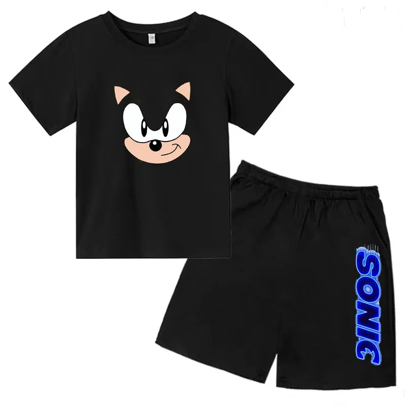 Kids Fashion T-shirt Anime Smart Justice Brave Animal Print Boys Girls 2PC Set black with cartoon face tee and Sonic shorts