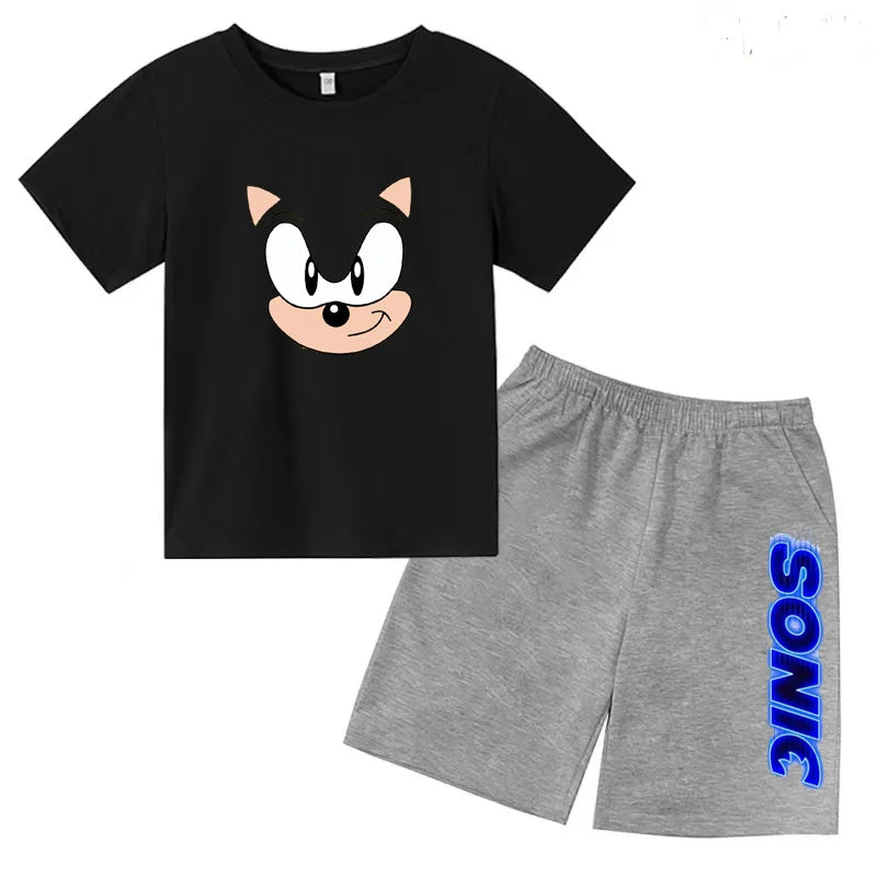 Kids Fashion T-shirt Anime Smart Justice Brave Animal Print Boys Girls 2PC Set with black tee and gray shorts