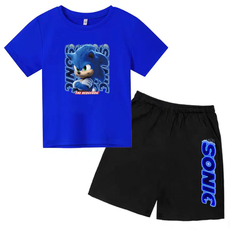 Kids Fashion T-shirt Anime Smart Justice Brave Animal Print Boys Girls 2PC Set featuring blue Sonic graphic tee and black shorts
