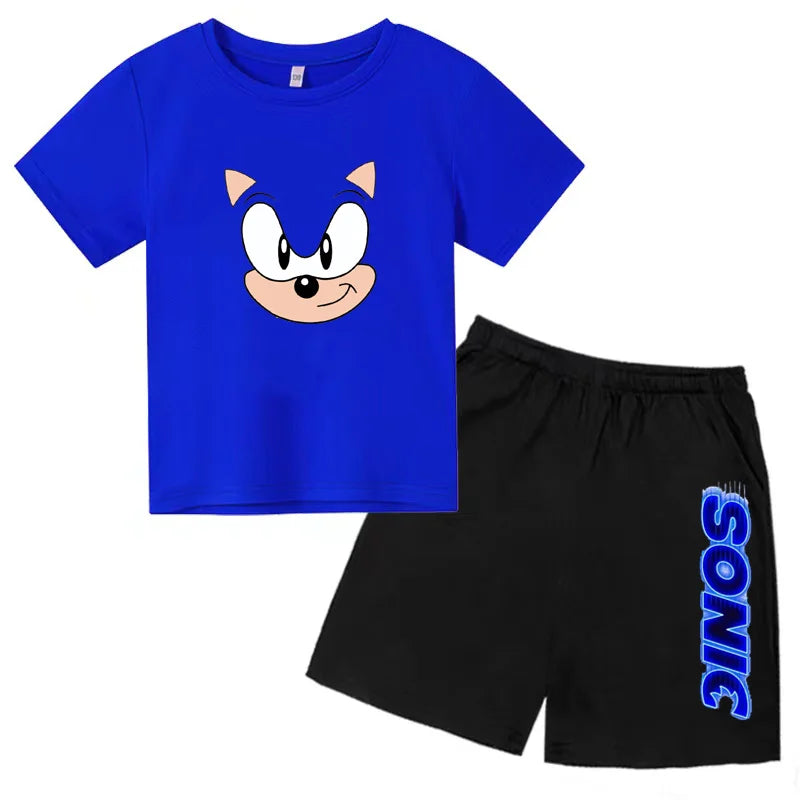 Kids Fashion T-shirt Anime Smart Justice Brave Animal Print Boys Girls 2PC Set with blue character tee and black shorts