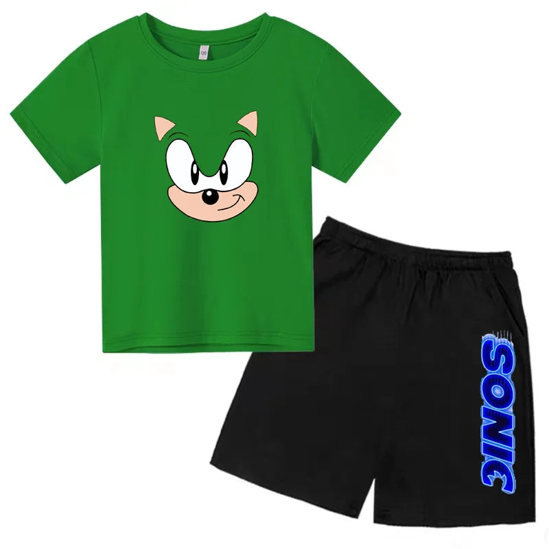 Kids Fashion T-shirt Anime Smart Justice Brave Animal Print Boys Girls 2PC Set green shirt with cartoon face and black Sonic shorts