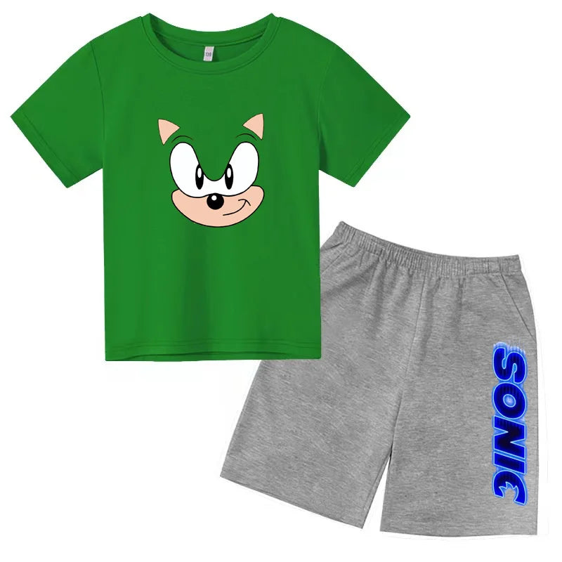 Kids Fashion T-shirt Anime Smart Justice Brave Animal Print Boys Girls 2PC Set with green top and gray shorts