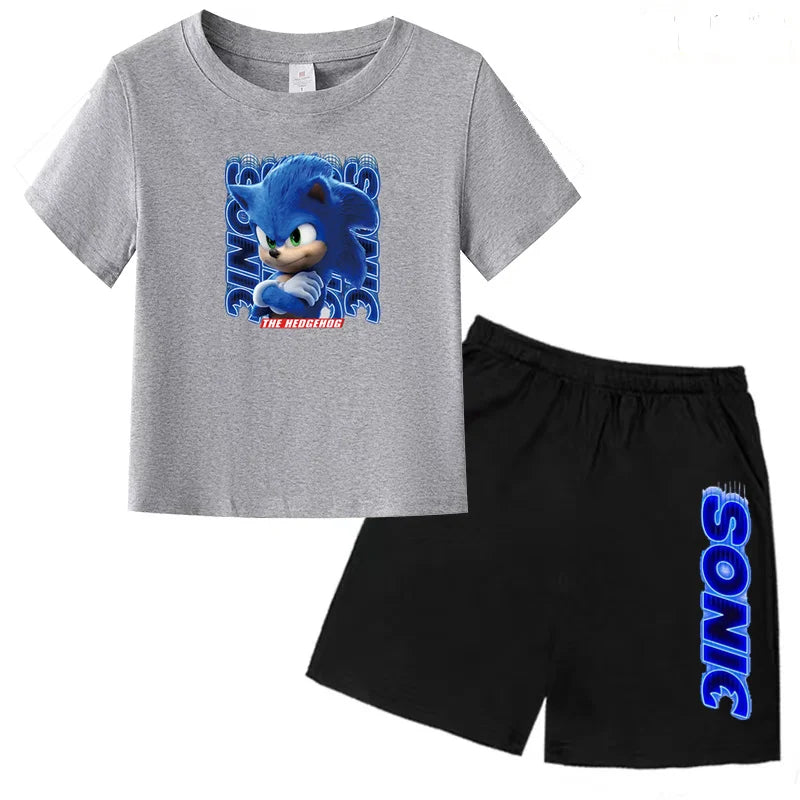 Kids Fashion T-shirt Anime Smart Justice Brave Animal Print Boys Girls 2PC Set featuring Sonic the Hedgehog graphic on gray shirt and black shorts