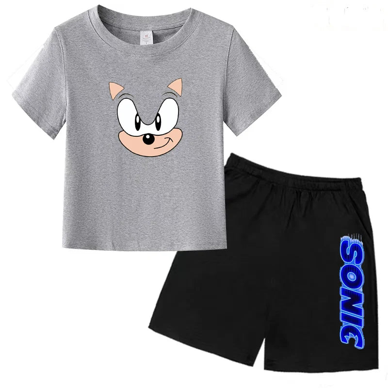 Kids Fashion T-shirt Anime Smart Justice Brave Animal Print Boys Girls 2PC Set with gray cartoon face tee and black Sonic shorts