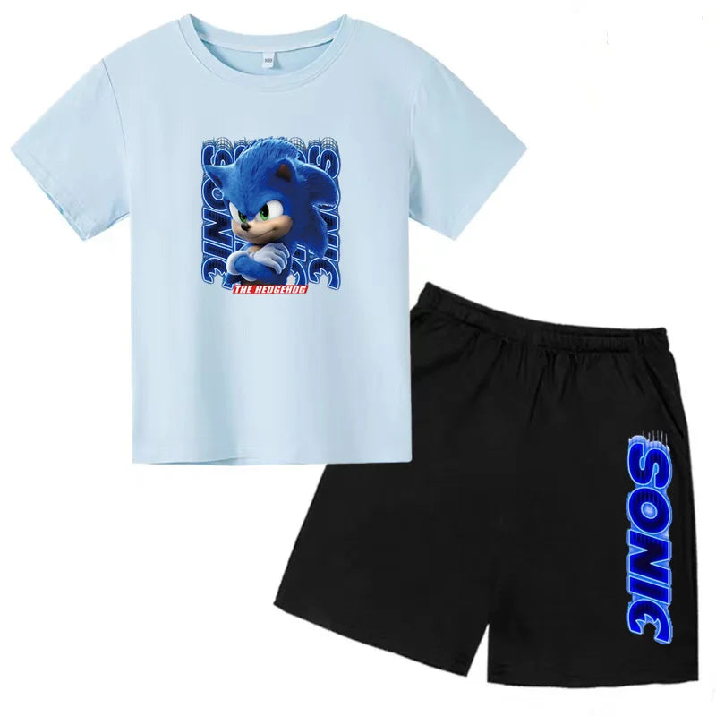 Kids Fashion T-shirt Anime Smart Justice Brave Animal Print Boys Girls 2PC Set featuring blue graphic tee and black shorts with Sonic design