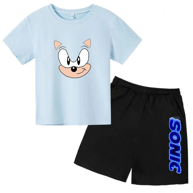 Kids Fashion T-shirt Anime Smart Justice Brave Animal Print Boys Girls 2PC Set with blue cartoon face tee and black Sonic print shorts