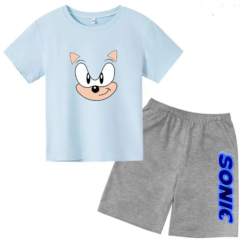 Kids Fashion T-shirt Anime Smart Justice Brave Animal Print Boys Girls 2PC Set with blue cartoon tee and gray shorts