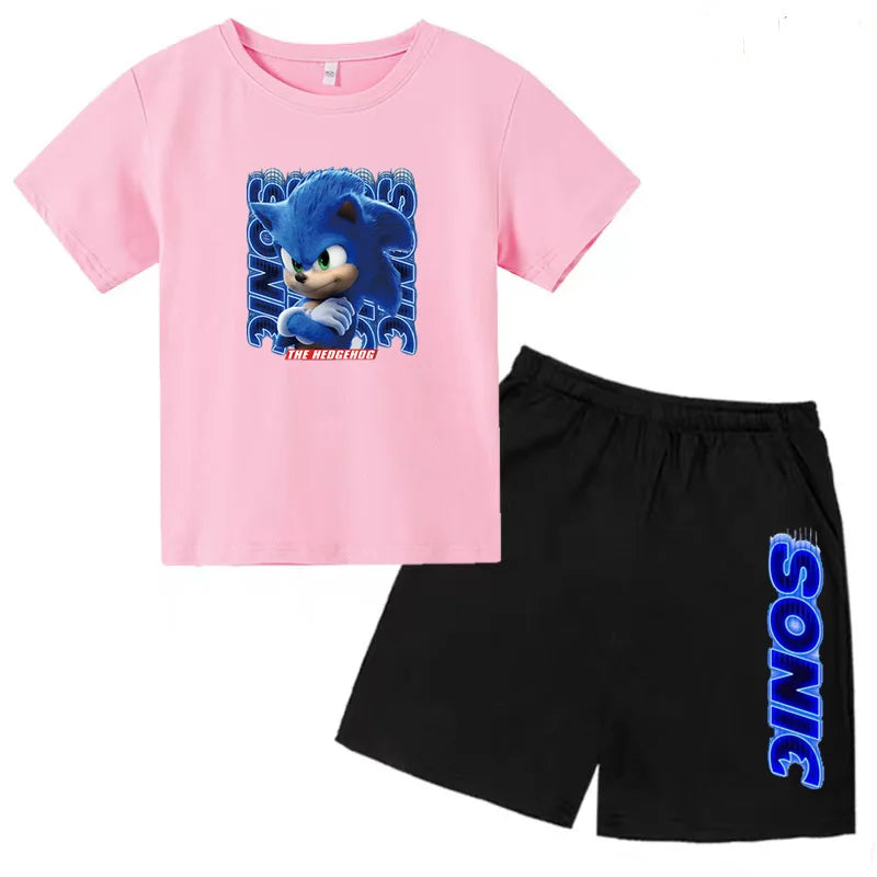Kids Fashion T-shirt Anime Smart Justice Brave Animal Print Boys Girls 2PC Set with pink Sonic graphic tee and black shorts