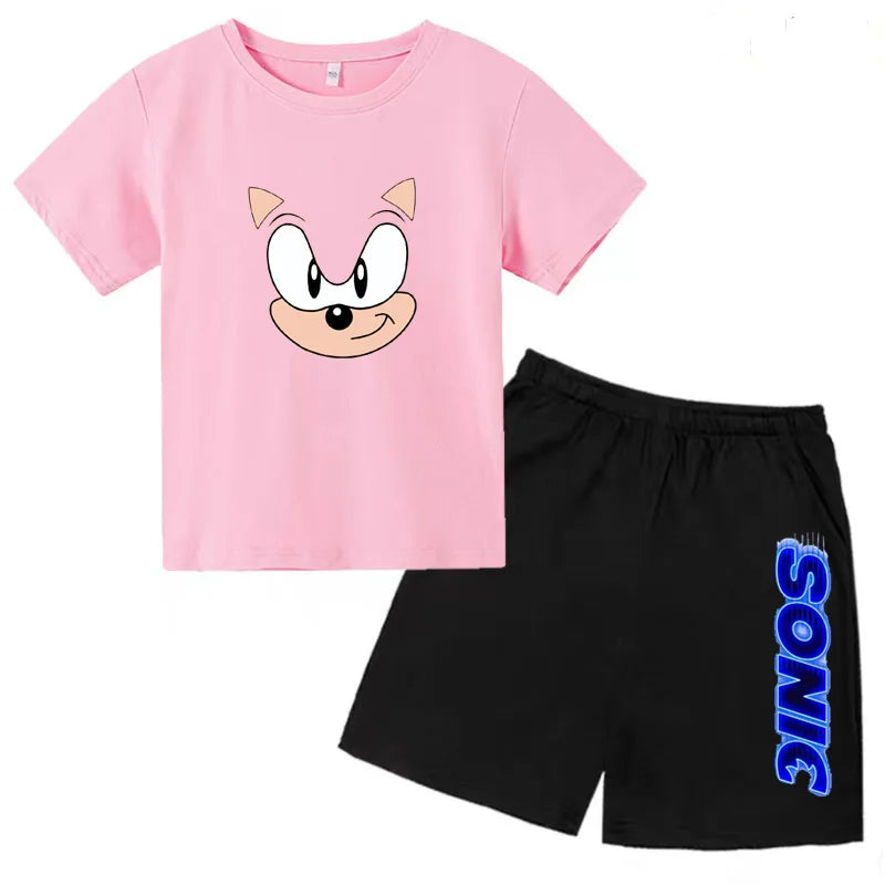 Kids Fashion T-shirt Anime Smart Justice Brave Animal Print Boys Girls 2PC Set pink cartoon top with black Sonic shorts