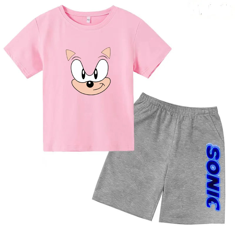 Kids Fashion T-shirt Anime Smart Justice Brave Animal Print Boys Girls 2PC Set with pink cartoon face tee and gray Sonic shorts