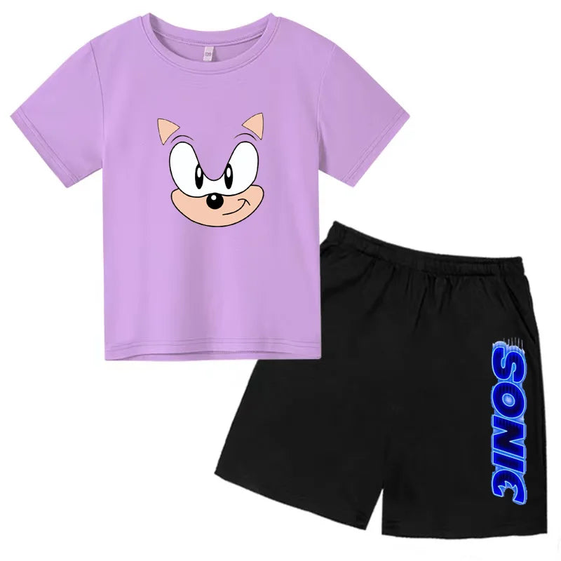 Kids Fashion T-shirt Anime Smart Justice Brave Animal Print Boys Girls 2PC Set with purple cartoon top and black Sonic shorts