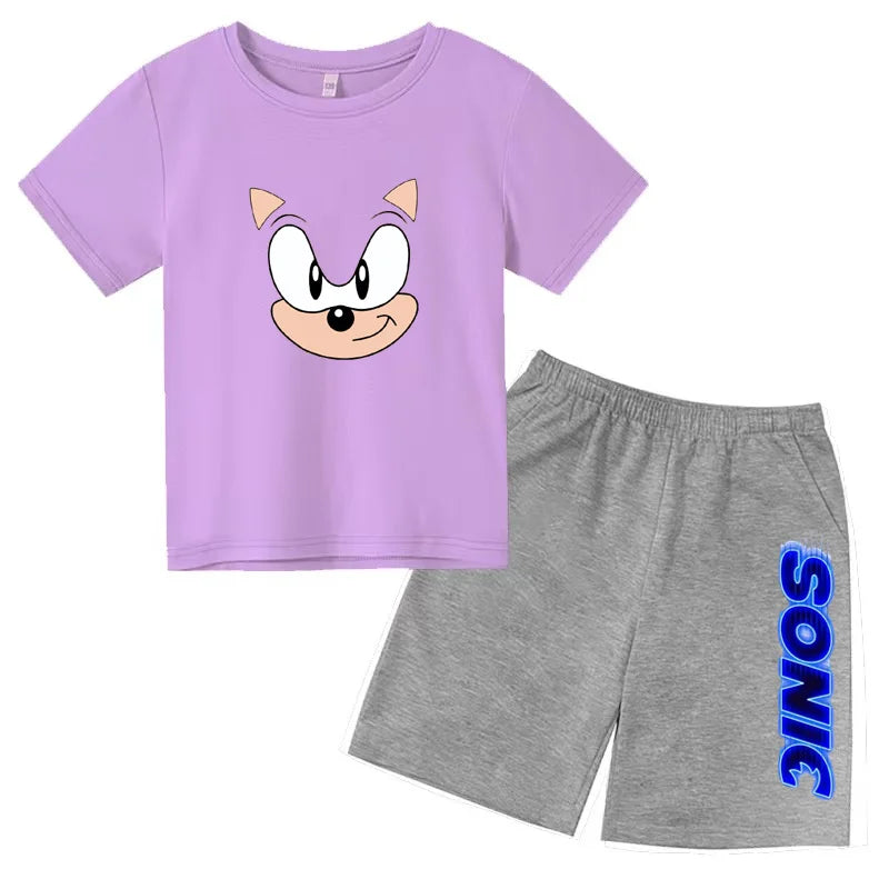 Kids Fashion T-shirt Anime Smart Justice Brave Animal Print Boys Girls 2PC Set with purple top and gray Sonic shorts