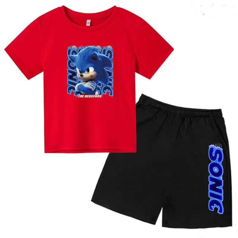 Kids Fashion T-shirt Anime Smart Justice Brave Animal Print Boys Girls 2PC Set with red Sonic character top and black shorts