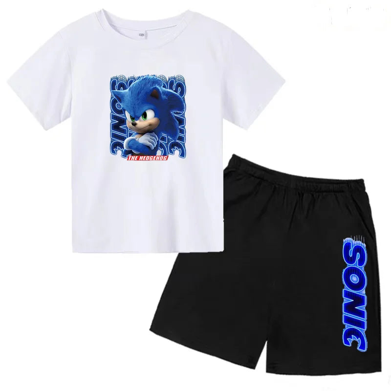 Kids Fashion T-shirt Anime Smart Justice Brave Animal Print Boys Girls 2PC Set with white Sonic graphic tee and black shorts