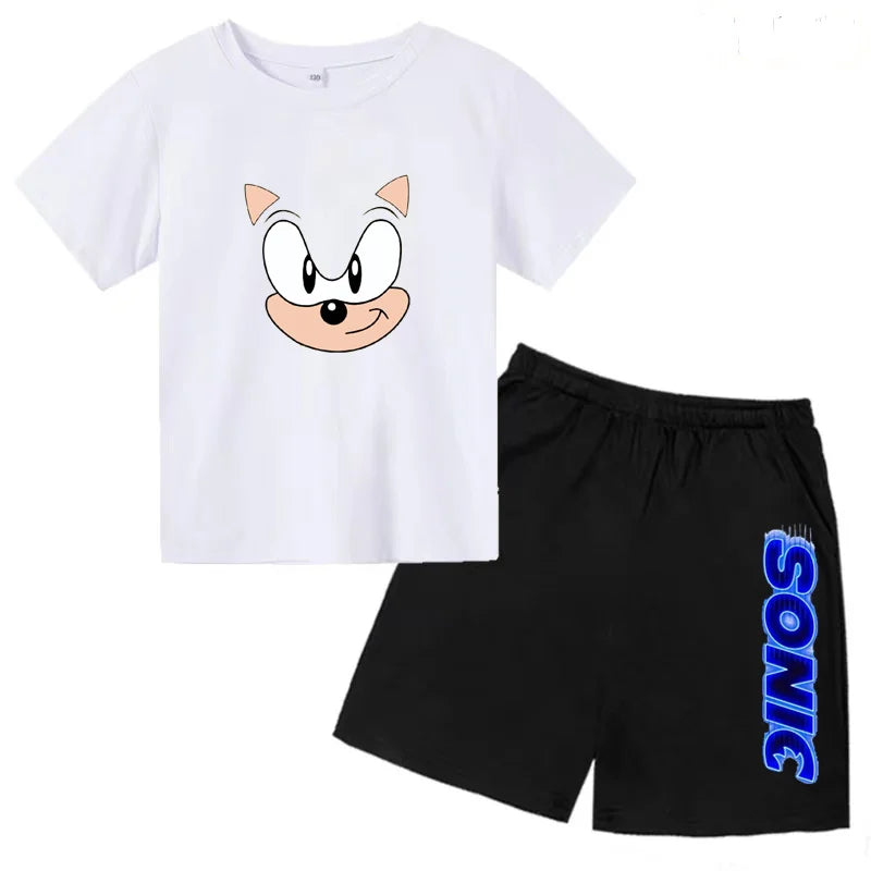Kids Fashion T-shirt Anime Smart Justice Brave Animal Print Boys Girls 2PC Set with white cartoon tee and black Sonic shorts