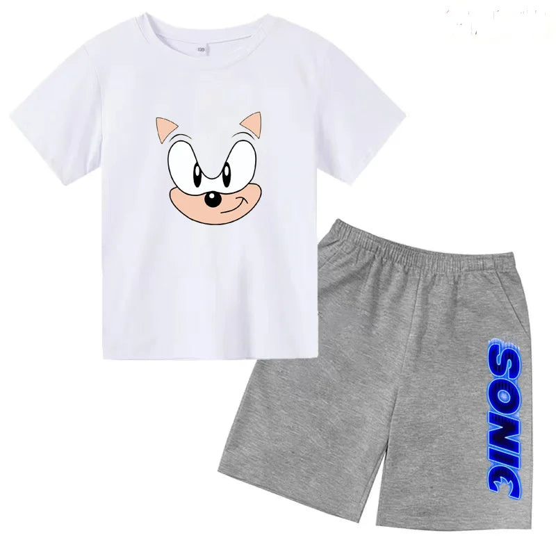 Kids Fashion T-shirt Anime Smart Justice Brave Animal Print Boys Girls 2PC Set white tee with animal face and gray shorts with sonic text