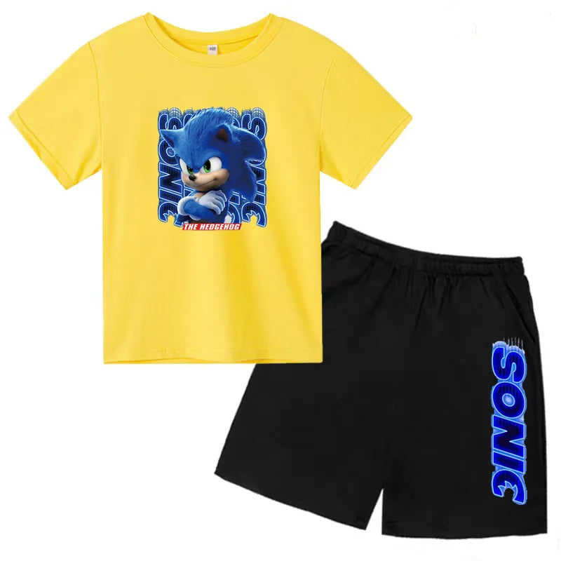 Kids Fashion T-shirt Anime Smart Justice Brave Animal Print Boys Girls 2PC Set with yellow Sonic tee and black shorts