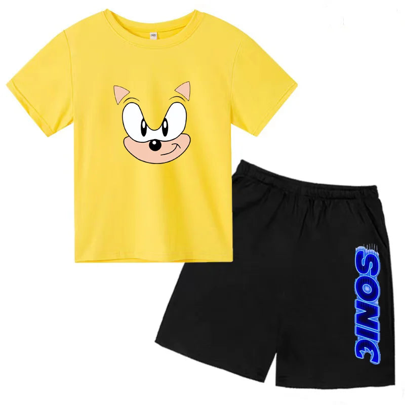 Kids Fashion T-shirt Anime Smart Justice Brave Animal Print Boys Girls 2PC Set yellow top with animal face and black shorts with Sonic print