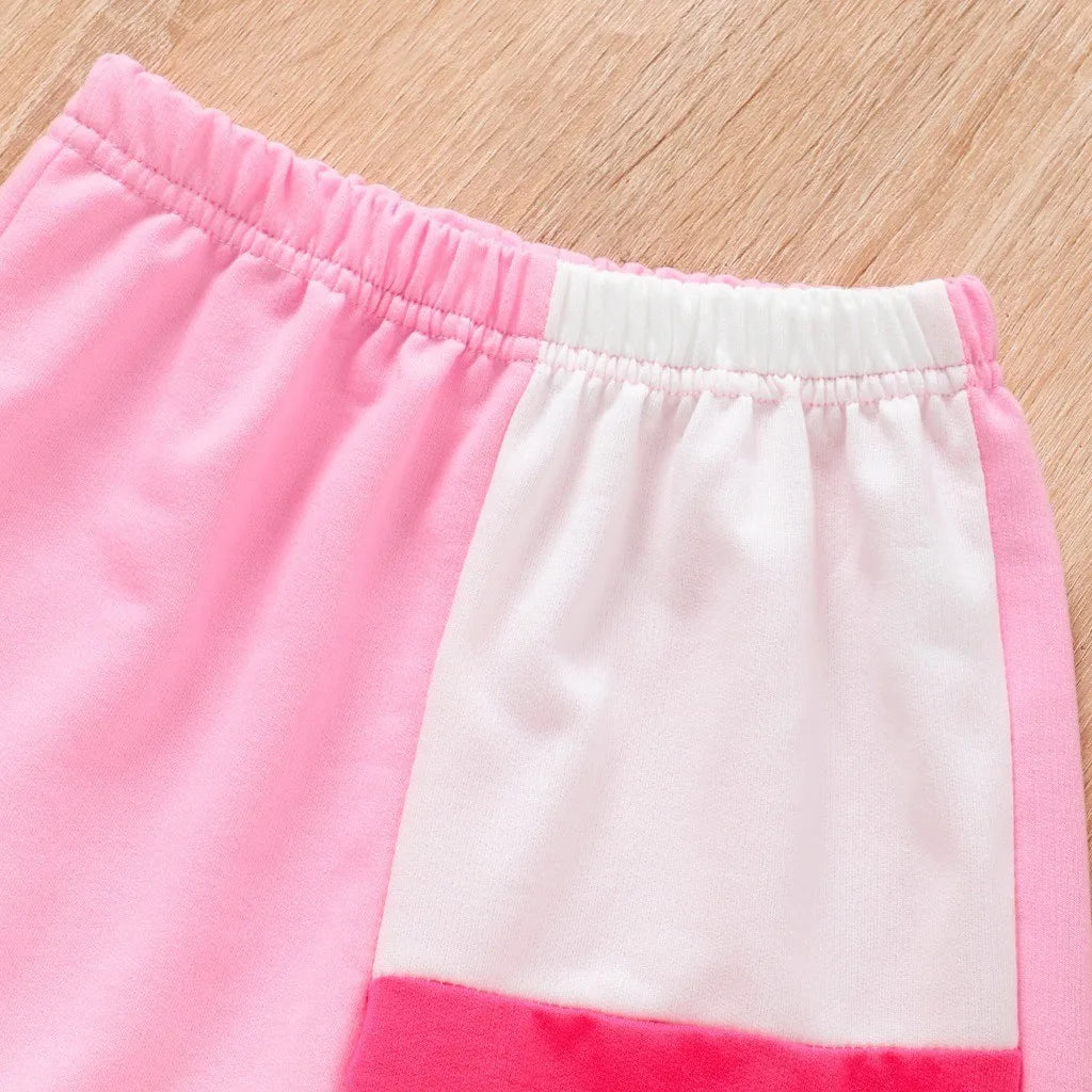 Kids Girl Clothing Set Long Sleeve Pink Top and Pants 2Pcs Casual Outfit Suit bottom close up with pink and white color blocks