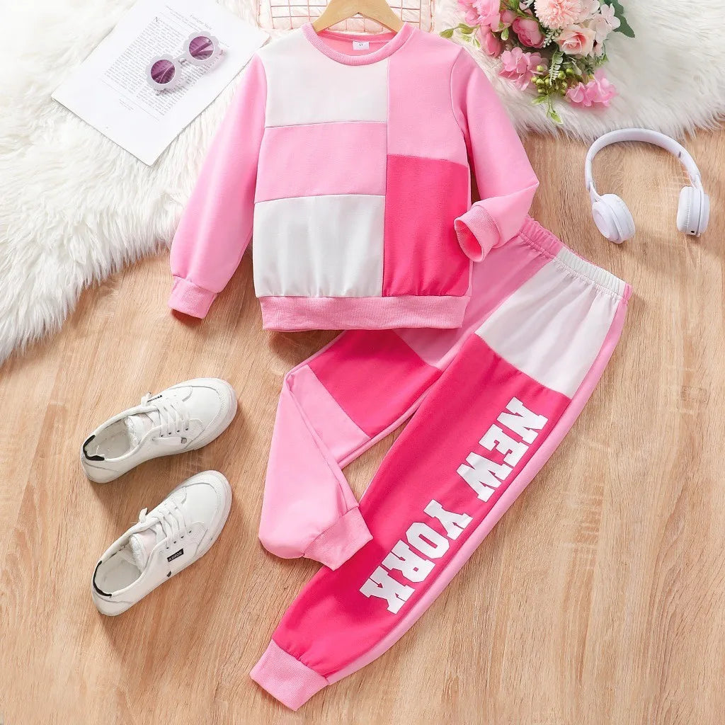 Kids Girl Clothing Set Long Sleeve Pink Top and Pants 2Pcs Casual Outfit Suit with color block design and New York print