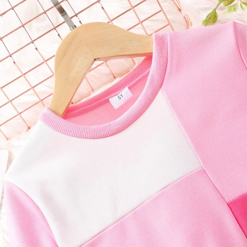 Kids Girl Clothing Set Long Sleeve Pink Top and Pants 2Pcs Casual Outfit Suit displayed on wooden hanger