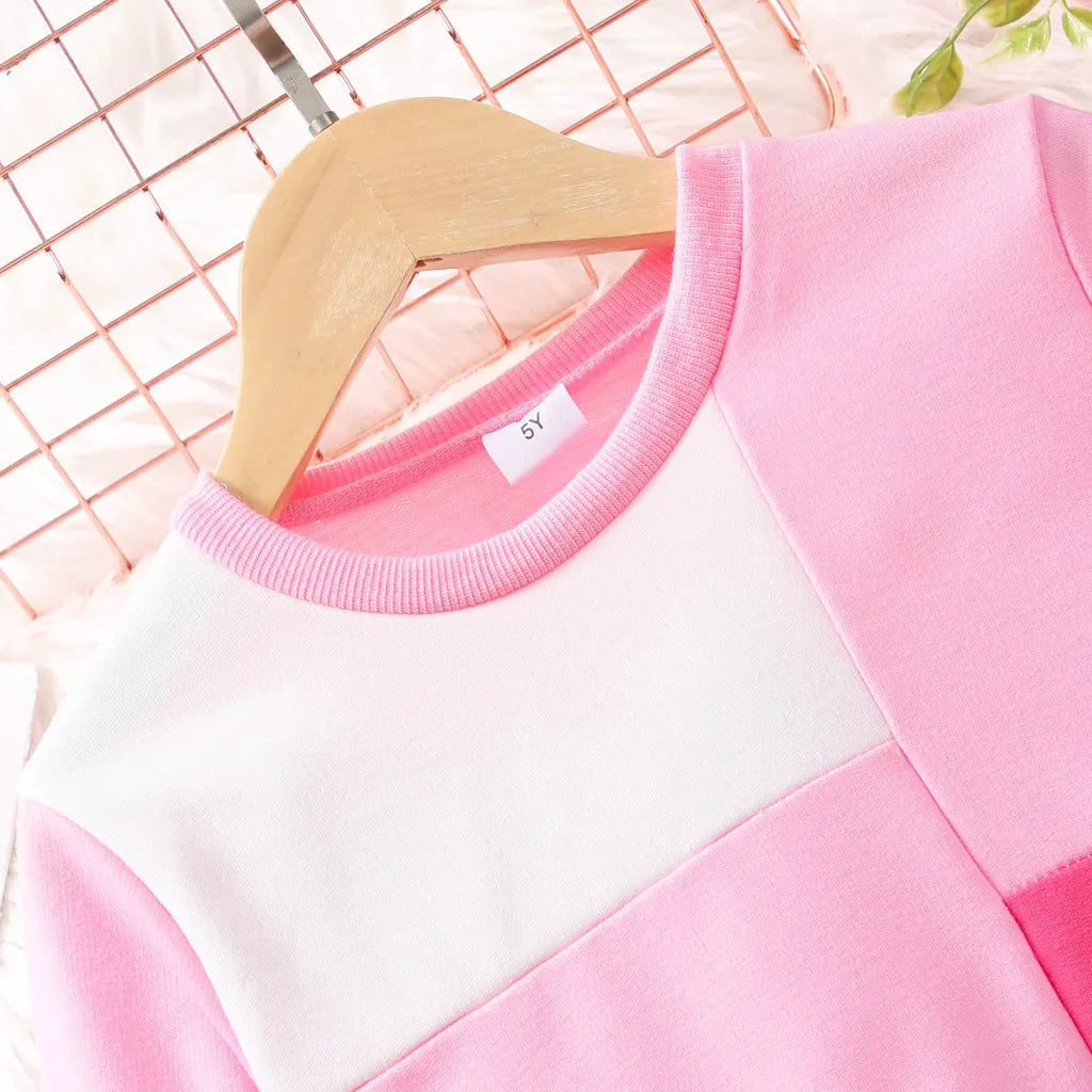 Kids Girl Clothing Set Long Sleeve Pink Top and Pants 2Pcs Casual Outfit Suit hanging on wooden hanger