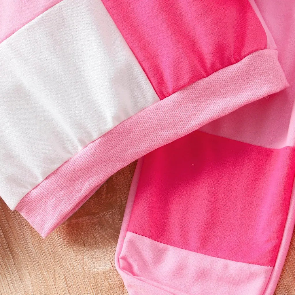 Kids Girl Clothing Set Long Sleeve Pink Top and Pants 2Pcs Casual Outfit Suit close-up of pink and white fabric details