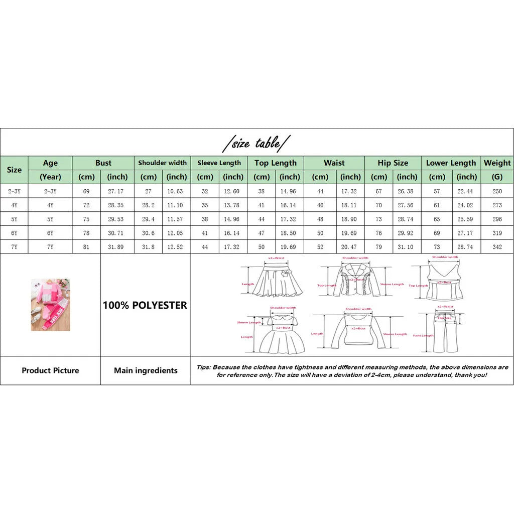 Kids Girl Clothing Set Long Sleeve Pink Top and Pants 2Pcs Casual Outfit Suit size chart and measurements