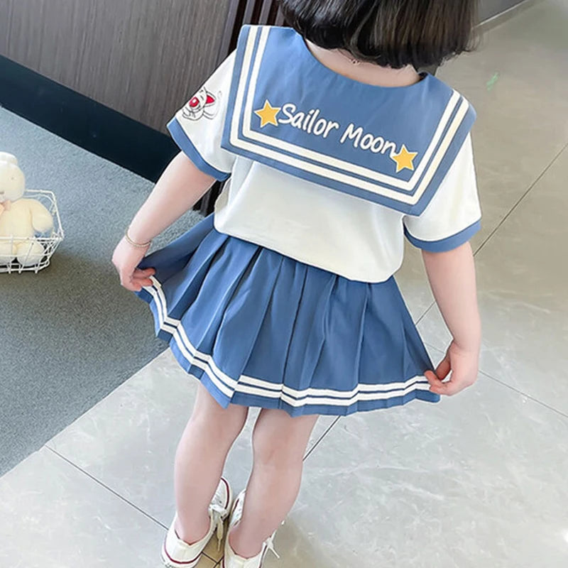 Kids Girls Cartoon Bow T-Shirt and Pleated Skirt Set Sailor Moon Cosplay Outfit in blue and white with sailor collar