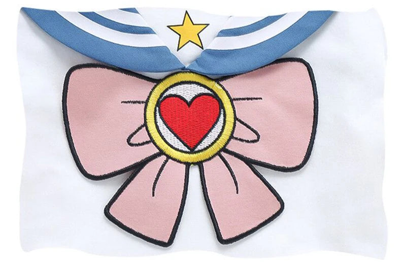 Kids Girls Cartoon Bow T-Shirt and Pleated Skirt Set Sailor Moon Cosplay Outfit with pink bow and heart emblem