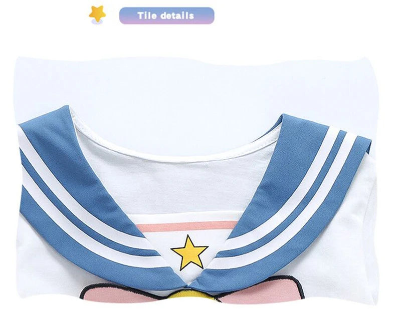 Kids Girls Cartoon Bow T-Shirt and Pleated Skirt Set Sailor Moon Cosplay Outfit with blue sailor collar and star detail