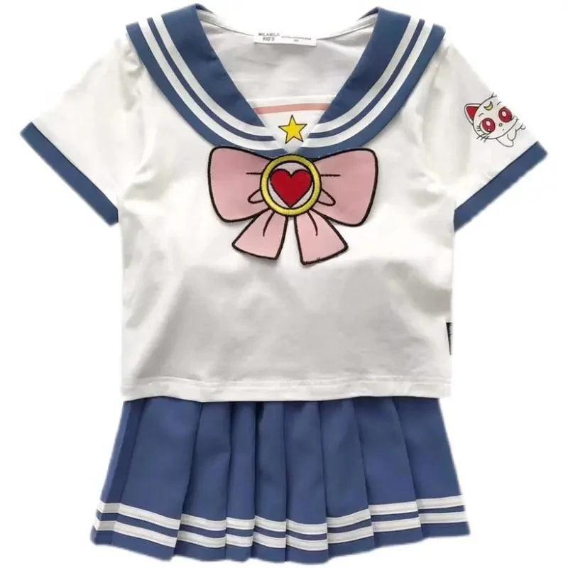 Kids Girls Cartoon Bow T-Shirt and Pleated Skirt Set Sailor Moon Cosplay Outfit by Yamza Tots' Closet