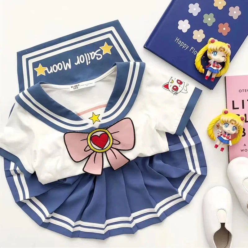 Kids Girls Cartoon Bow T-Shirt and Pleated Skirt Set Sailor Moon Cosplay Outfit in blue and white with sailor collar 