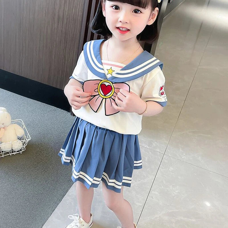 Kids Girls Cartoon Bow T-Shirt and Pleated Skirt Set Sailor Moon Cosplay Outfit by Yamza Tots Closet