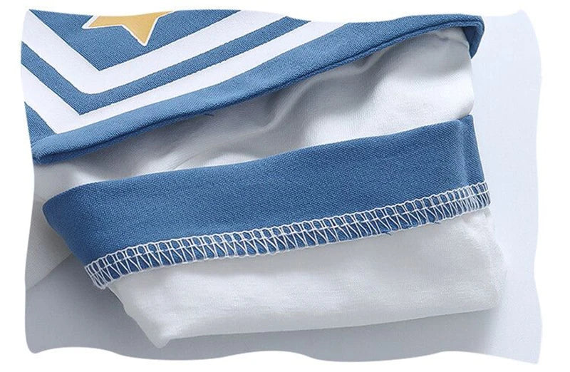 Kids Girls Cartoon Bow T-Shirt and Pleated Skirt Set Sailor Moon Cosplay Outfit folded showing blue and white fabric with star detail