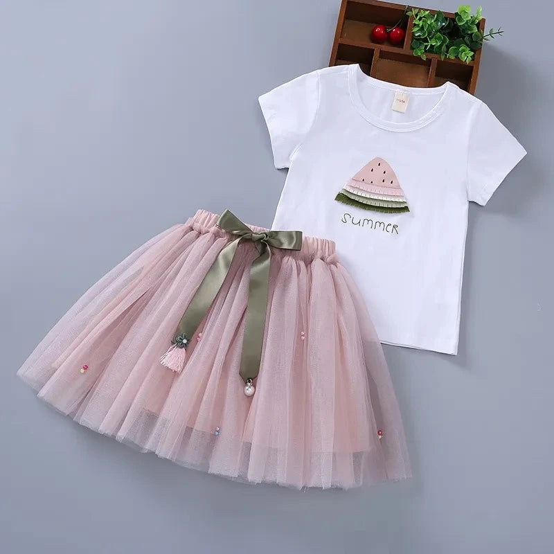Kids Girls Cartoon Bow T-Shirt and Pleated Skirt Set Sailor Moon Cosplay Outfit with watermelon t-shirt and pink tulle skirt