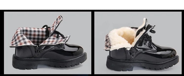 Yamza Tots' Closet Kids Girls Non-Slip Wear-Resistant Soft Sole Fashion Warm Boots for Winter in black with plaid and fur lining