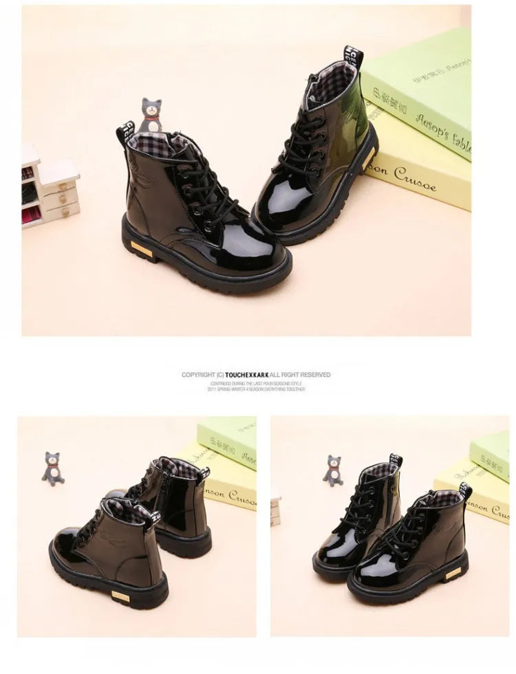 Kids girls non-slip wear-resistant soft sole fashion warm boots for winter in shiny black leather