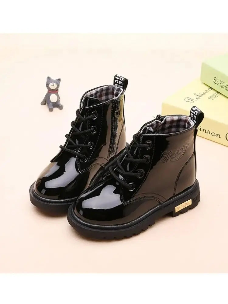 Kids Girls Non-Slip Wear-Resistant Soft Sole Fashion Warm Boots for Winter in shiny black lace-up design